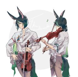  1boy absurdres alternate_costume animal_ear_piercing animal_ears belt black_hair bob_cut bow_(music) brooch capelet closed_eyes closed_mouth commentary contemporary cowboy_shot dress_shirt english_commentary flower_brooch fox_boy fox_ears fox_tail frilled_sleeves frills genshin_impact green_capelet green_eyes green_hair green_ribbon grey_background grey_pants hair_between_eyes half_updo hand_on_own_hip highres holding holding_bow_(music) holding_instrument instrument inverted_bob jewelry long_sleeves looking_ahead male_focus monetttea multicolored_hair multiple_views musical_note open_collar pants pink_belt playing_instrument ribbon shirt shirt_tucked_in short_hair side_cape simple_background sleeve_garter sleeve_ribbon smile solo standing streaked_hair tail three-quarter_sleeves tighnari_(genshin_impact) two-tone_background viola_(instrument) white_background white_shirt 