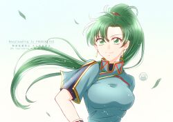  1girl asymmetrical_bangs blue_dress breasts cf_wing china_dress chinese_clothes commentary_request dress earrings fire_emblem fire_emblem:_the_blazing_blade gloves green_eyes green_hair hair_tie high_ponytail highres jewelry leaf long_hair lyn_(fire_emblem) mandarin_collar medium_breasts ponytail portrait shanghai_neckline shirt_under_dress short_sleeves simple_background smile solo taut_clothes taut_dress very_long_hair white_background yellow_trim 