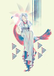  1girl bird closed_eyes closed_mouth commentary dress english_commentary facing_ahead flamingo full_body head_tilt highres libet long_dress long_sleeves original parted_hair riding short_hair sitting_on_animal solo white_background white_dress 