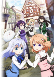  5girls :d ama_usa_an_uniform anko_(gochiusa) blonde_hair blue_eyes blue_hair brown_hair chestnut_mouth cobblestone fleur_de_lapin_uniform gochuumon_wa_usagi_desu_ka? green_eyes hair_ornament highres hime_cut holding_hands hoto_cocoa house japanese_clothes kafuu_chino kimono lamppost long_hair maid maid_headdress multiple_girls official_art open_mouth outdoors photoshop_(medium) purple_hair rabbit_house_uniform road smile street tedeza_rize tippy_(gochiusa) twintails ujimatsu_chiya violet_eyes wild_geese x_hair_ornament 