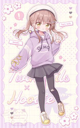  ! 1girl absurdres beret black_pantyhose black_skirt blush brown_hair clothes_writing color_guide commentary_request english_text flower_symbol full_body grid_background hair_ornament hairclip halftone hand_up hat heart highres hood hoodie long_sidelocks long_sleeves looking_at_viewer medium_hair mike_mochi miniskirt open_mouth original pantyhose pleated_skirt puffy_long_sleeves puffy_sleeves purple_hoodie purple_ribbon ribbon shoelaces shoes sidelocks skirt sleeve_ribbon sleeves_past_wrists sneakers solo spoken_exclamation_mark standing standing_on_one_leg striped_ribbon torn_clothes torn_pantyhose twintails v watermark white_hat yellow_eyes yellow_ribbon yellow_shoes 