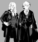  2boys absurdres artist_name black_jack_(character) black_jack_(series) coat coat_on_shoulders collared_shirt eyepatch frown greyscale hair_over_one_eye hand_in_pocket hand_on_own_hip highres jacket kiriko_(black_jack) koura_ranmaru long_hair long_sleeves male_focus monochrome multiple_boys neck_ribbon necktie open_clothes open_coat open_jacket pants parted_lips ribbon scar scar_on_cheek scar_on_face shirt short_hair simple_background standing twitter_username vest wing_collar 