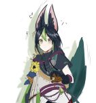  1boy animal_ear_fluff animal_ears black_gloves black_hair black_hoodie blunt_ends bob_cut brown_gloves closed_mouth commentary_request earrings flower fox_boy fox_ears fox_tail genshin_impact gloves gradient_eyes green_eyes green_hair green_tail hair_between_eyes highres hood hood_down hoodie jewelry male_focus medal multicolored_eyes multicolored_hair shadow short_hair simple_background single_earring sketch solo sound_effects streaked_hair sweatdrop tail tighnari_(genshin_impact) two-tone_gloves two-tone_hair unishuri vision_(genshin_impact) white_background yellow_flower 