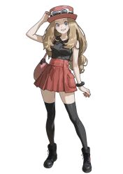  1girl ankle_boots arm_at_side arm_up bag black_shirt black_thighhighs blue_eyes boots bracelet breasts brown_hair collared_shirt commentary_request eyewear_on_headwear full_body h4sh1rnoto hat high-waist_skirt highres jewelry lace-up_boots legs_apart long_hair long_legs pokemon pokemon_x_and_y red_hat red_skirt serena_(pokemon) shirt shoulder_bag simple_background skirt sleeveless sleeveless_shirt slim_legs small_breasts smile sunglasses teeth thigh-highs very_long_hair white_background wing_collar zettai_ryouiki 