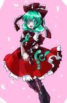  1girl black_footwear frilled_ribbon frilled_skirt frills front_ponytail full_body green_eyes green_hair hair_ribbon highres kagiyama_hina mizudanngo822 red_ribbon red_skirt ribbon short_sleeves skirt solo touhou v_arms 