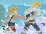  1girl belt black_pants blonde_hair blue_eyes cloak eye_contact feleven fur_cloak gloves hand_grab helping highres link looking_at_another medium_hair mountain pants pointy_ears ponytail princess_zelda snow snow_boots snowing sun the_legend_of_zelda the_legend_of_zelda:_tears_of_the_kingdom triforce_print 