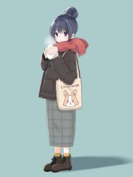  1girl bag black_jacket blue_background blue_hair blue_skirt brown_bag brown_shoes chewing closed_mouth commentary_request down_jacket eating food full_body hair_bun highres holding holding_food jacket kinooooy117 long_skirt long_sleeves plaid_clothes plaid_skirt red_scarf scarf shima_rin shoes simple_background single_hair_bun skirt solo steamed_bun violet_eyes yurucamp 