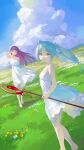  2girls absurdres adjusting_hair bare_legs barefoot blue_sky blunt_bangs breasts closed_mouth clouds darr1o dress elf fern_(sousou_no_frieren) floating_hair frieren grasslands green_eyes highres holding holding_staff large_breasts long_hair looking_at_viewer looking_to_the_side multiple_girls outdoors parted_bangs pointy_ears purple_hair sky sleeveless sleeveless_dress small_breasts smile sousou_no_frieren spaghetti_strap staff straight_hair sundress thick_eyebrows twintails violet_eyes white_dress white_hair wind 