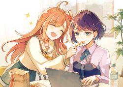  2girls absurdres ahoge artist_request azabu_mai bag blue_eyes blue_hair blue_shirt blush bottle closed_eyes commentary_request computer denim denim_shorts feeding food french_fries hair_ornament hair_scrunchie hairclip highres holding holding_food ikizulive!_love_live!_bluebird indoors laptop long_hair long_sleeves love_live! multiple_girls official_art open_mouth orange_hair scrunchie shirt short_hair shorts side_ponytail smile sparkle takahashi_polka water_bottle white_shirt 