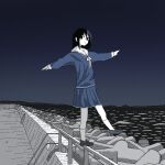  1girl ashuu_(4syup) balancing blue_serafuku blue_skirt closed_mouth commentary_request hatching_(texture) horizon jitome keihou_no_atta_hi_(neutrino) kneehighs limited_palette loafers long_hair long_sleeves looking_at_viewer neck_ribbon night ocean on_railing outdoors outstretched_arms pleated_skirt railing ribbon school_uniform serafuku shoes shore skirt smirk socks solo spread_arms standing standing_on_one_leg tetrapod 
