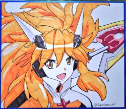  1girl :d amou_kanade artist_name big_hair blue_border border brown_eyes commentary_request double-parted_bangs floating_hair hair_between_eyes headgear headphones holding holding_polearm holding_weapon lance long_hair open_mouth orange_hair photo_(medium) polearm senki_zesshou_symphogear simple_background smile solo symphogear_pendant tomosoraaki traditional_media twitter_username upper_body weapon white_background 