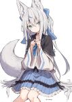  1girl absurdres animal_ear_fluff animal_ears aqua_eyes black_capelet black_choker blue_bow blue_bowtie blue_hair blue_sailor_collar blue_skirt blush bow bowtie capelet choker commentary_request double-parted_bangs feet_out_of_frame fox_ears fox_girl fox_tail frilled_skirt frills grey_hair hair_between_eyes hair_bow highres invisible_chair long_hair long_sleeves looking_at_viewer multicolored_hair original parted_lips rakutarou_(rakutpi) sailor_collar shirt simple_background sitting skirt solo streaked_hair tail twitter_username two-tone_hair very_long_hair white_background white_shirt wide_sleeves 