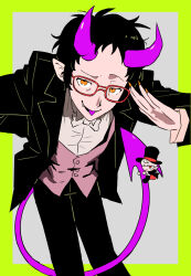  1boy 2boys adachi_tooru black_hair black_jacket black_pants border chibi commentary_request demon_horns demon_tail feet_out_of_frame glasses green_border greyland215856 highres horns jacket looking_at_viewer male_focus mini_person miniboy multiple_boys narukami_yu orange_eyes orange_nails pants persona persona_4 pointy_ears purple_vest red-framed_eyewear short_hair solo solo_focus tail tongue tongue_out vest 