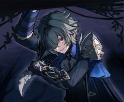  1boy absurdres ahoge armor arms_up beeyo belt belt_collar black_belt black_gloves blue_shirt choker coat collar collared_shirt commentary_request earrings genshin_impact gloves green_hair grin hair_between_eyes hair_over_one_eye highres holding holding_knife holding_weapon incoming_attack jewelry knife lohen_(genshin_impact) long_sleeves looking_at_viewer male_focus mole mole_under_eye multicolored_eyes shirt short_hair shoulder_armor single_earring smile solo twitter_username unfinished upper_body weapon 
