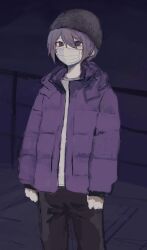  1boy agamemega arms_at_sides beanie black_hat black_pants commentary_request down_jacket hair_between_eyes hat highres jacket long_sleeves looking_at_viewer male_focus mask mouth_mask night original outdoors pants purple_hair purple_jacket shirt short_hair solo t-shirt violet_eyes white_shirt 