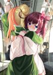  2girls absurdres ahoge blonde_hair blue_eyes bow coat commentary_request from_behind green_coat green_scarf hair_bow highres hug long_hair looking_at_viewer multiple_girls original people pink_scarf redhead scarf short_hair standing train_interior wanashi_tam white_coat yuri 