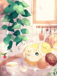  animal_focus commentary_request cup dog doughnut fidough food hanabusaoekaki highres indoors leaf no_humans one_eye_closed poke_ball_symbol pokemon pokemon_(creature) solid_oval_eyes solo stirring_rod sunlight table tea teacup window 