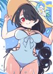  1girl ass_visible_through_thighs black_choker blue_archive braid braided_ponytail breasts casual_one-piece_swimsuit choker closed_mouth clothing_cutout commentary covered_navel cowboy_shot flower hair_over_one_eye halo hat hat_flower hinata_(blue_archive) hinata_(swimsuit)_(blue_archive) holding holding_clothes holding_hat huge_breasts low_ponytail one-piece_swimsuit onyhakase red_eyes side_cutout single_braid smile solo sun_hat swimsuit thigh_gap wading white_flower white_one-piece_swimsuit yellow_halo yellow_headwear 