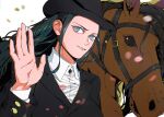  1girl alternate_costume animal artist_name black_hair black_headwear blue_eyes commentary formal hand_up hat highres horse long_hair mygiorni nico_robin one_piece open_hand shirt smile solo suit teeth white_hair 