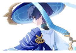  1boy black_bodysuit black_hair blue_cape blue_hat blue_jingasa blunt_ends bodysuit cape closed_mouth derivative_work ego_(ego_inp) eyeliner from_behind genshin_impact gold hat highres japanese_clothes jingasa kimono looking_at_viewer looking_back makeup male_focus mandala multicolored_hair red_eyeliner scaramouche_(genshin_impact) scene_reference side_cape sideways_mouth solo streaked_hair tsurime turtleneck turtleneck_bodysuit violet_eyes wanderer_(genshin_impact) white_background white_kimono white_trim 