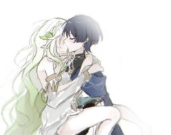  1boy 1girl aged_up aichiroo arm_around_shoulder armlet bare_shoulders black_bodysuit black_bridal_gauntlets black_hair blue_cape blue_sleeves blunt_ends blush bodysuit braid bridal_gauntlets cape closed_eyes cosplay couple covered_collarbone detached_sleeves dress facing_another genshin_impact gold_armlet green_hair hair_ornament half_crown_braid hand_on_another's_shoulder hetero highres hug jewelry kiss layered_sleeves leaf leaf_hair_ornament long_hair multicolored_hair nahida_(genshin_impact) pointy_ears rukkhadevata_(genshin_impact) rukkhadevata_(genshin_impact)_(cosplay) scaramouche_(genshin_impact) short_dress short_sleeves side_cape sketch streaked_hair turtleneck turtleneck_bodysuit very_long_hair wanderer_(genshin_impact) wavy_hair white_background white_dress white_hair white_sleeves 