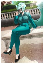  absurdres adjusting_eyewear animal_ears aqua_hair artist_name blue_hair breasts crossed_legs curvy fluffy fox_ears fox_tail green_hair green_jacket green_pants green_skirt green_suit high_heels highres jacket large_breasts lens_flare looking_at_viewer mature_female office_lady pants ponytail red_eyes shadow shirt short_hair short_ponytail signature sitting skirt sozokuu stiletto_heels suit suit_pants sunglasses tail thick_thighs thighs tight_clothes tight_pants tight_shirt 