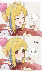  2girls absurdres ahoge birthday blonde_hair bocchi_the_rock! bow bowtie brown_eyes commentary_request cross-section feeding gotoh_hitori highres ijichi_nijika long_hair looking_at_viewer multiple_girls red_bow red_bowtie seisyuntarotto shirt white_shirt 