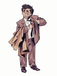  1boy beard_stubble closed_mouth coat collared_shirt columbo columbo_(detective) full_body highres jacket lackadaisycal-art looking_to_the_side loose_necktie male_focus messy_hair necktie pants shirt shoes smile solo standing white_background 