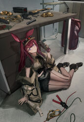  1girl absurdres ac_adapter animal_ears arc_welder arknights belt black_neckerchief black_shirt black_shoes black_shorts brown_jacket brown_pantyhose brown_vest cable commentary electrical_outlet flashlight foxio front-seamed_legwear full_body grey_belt gun headlamp highres holding indoors jacket long_hair long_sleeves looking_at_viewer loose_belt multicolored_hair neckerchief off_shoulder on_floor one_ear_down pantyhose pantyhose_under_shorts purple_hair rabbit_ears rabbit_girl ray_(arknights) red_eyes rifle seamed_legwear shirt shoes short_shorts shorts sitting solo streaked_hair table unzipped vest violet_eyes visor_cap weapon wire_cutters yokozuwari 