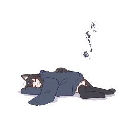 1girl :3 absurdres animal animal_ear_fluff animal_ears black_cat black_hair black_shorts black_thighhighs blue_hoodie blush_stickers cat cat_ears cat_girl cat_tail closed_eyes closed_mouth commentary_request dolphin_shorts full_body highres hood hood_down hoodie kuro_(uchi_no_kuroneko_onnanoko) long_hair long_sleeves mame_(uchi_no_kuroneko_onnanoko) megateru no_shoes short_shorts shorts simple_background sleeves_past_fingers sleeves_past_wrists solo tail thigh-highs translation_request uchi_no_kuroneko_onnanoko white_background 