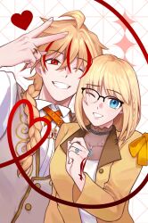  1boy 1girl ahoge blonde_hair blue_eyes braid commentary ellmyr english_commentary fate/strange_fake fate_(series) glasses grin heart hetero highres jacket jewelry long_hair looking_at_viewer multicolored_hair necklace one_eye_closed red_eyes red_hair richard_i_(fate) ring sajou_ayaka_(fate/strange_fake) shirt short_hair single_braid smile streaked_hair upper_body v vest wedding_ring white_shirt yellow_jacket 