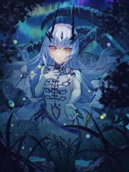  1girl commentary_request dress fate/grand_order fate_(series) gloves hair_ornament highres horns long_hair long_sleeves looking_at_viewer melusine_(fate) nature night outdoors ryuh_(asahina_neru) skirt smile solo white_dress white_hair yellow_eyes 