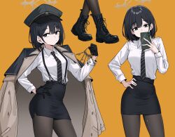  1girl black_boots black_eyes black_gloves black_hair black_pantyhose black_skirt blue_archive boots breasts brown_coat cellphone coat collared_shirt diagonal-striped_clothes diagonal-striped_necktie gloves green_necktie hand_on_own_hip hat highres hiromi_(blue_archive) holding holding_key holding_phone key keyring large_breasts long_sleeves looking_at_viewer looking_to_the_side medium_hair multiple_girls necktie pantyhose peaked_cap phone shirt skirt smartphone striped_clothes striped_necktie suspenders tinkie white_shirt yellow_background 