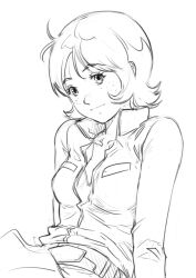  1girl belt breasts closed_mouth collarbone commentary_request fraw_bow freckles greyscale gundam jacket long_sleeves military_uniform mobile_suit_gundam monochrome open_collar partially_unzipped saitani_umetarou short_hair simple_background sitting small_breasts smile solo white_background 