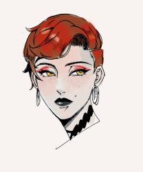 1girl aurore_cassel black_lips brown_eyes cyberpunk_(series) cyberpunk_2077 earrings eyeshadow jewelry looking_to_the_side makeup mmmanchor mole mole_above_mouth portrait red_eyeshadow red_hair short_hair simple_background solo white_background 