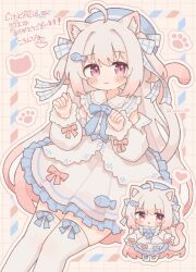  1girl :3 ahoge animal_ear_fluff animal_ears beret blonde_hair blue_hat blush_stickers cat_ears cat_girl cat_tail chibi chibi_inset circle_skirt closed_mouth colon_br colored_tips commentary_request commission detached_sleeves dress feet_out_of_frame fish_hair_ornament fish_ornament frilled_skirt frills hair_intakes hair_ornament hands_up hat heart highres invisible_chair legs_together long_hair looking_to_the_side multicolored_hair original outline paw_pose paw_print pink_eyes pink_outline puffy_short_sleeves puffy_sleeves short_dress short_sleeves sidelocks sitting skeb_commission skirt sleeveless sleeveless_dress smile solo star_(symbol) star_in_eye symbol_in_eye tail tail_raised thigh-highs translation_request twitter_username two_side_up very_long_hair white_dress white_outline white_thighhighs zettai_ryouiki 