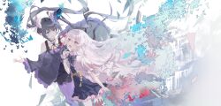  2girls absurdres arcaea bare_shoulders black_bow black_bowtie black_dress black_hair blue_eyes blue_flower bow bowtie commentary cross-laced_clothes cross-laced_dress dress dress_under_shirt flower frilled_sleeves frilled_wrist_cuffs frills glass_shards hair_bow highres hikari_(arcaea) hikari_(reunion)_(arcaea) layered_dress long_hair long_sleeves multiple_girls noranheart pink_flower pink_rose puffy_short_sleeves puffy_sleeves ribbon rose short_sleeves smile tairitsu_(arcaea) tairitsu_(reunion)_(arcaea) twintails upper_body very_long_hair white_bow white_dress white_wrist_cuffs wrist_cuffs 