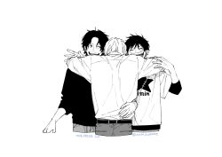  3boys arm_around_neck bad_id bad_pixiv_id belt closed_eyes commentary copyright_name cropped_torso facing_viewer fingernails greyscale hand_up highres hug layered_sleeves long_sleeves male_focus monkey_d._luffy monochrome multiple_boys nata_kokone one_piece open_mouth portgas_d._ace sabo_(one_piece) scar scar_on_face short_hair siblings simple_background smile sweater teeth twitter_username upper_teeth_only 