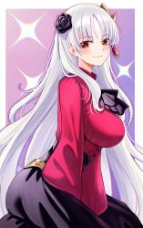  1girl absurdres ascot black_ascot black_flower black_rose black_skirt border breasts buttons commentary dithering fate/strange_fake fate_(series) flower hair_flower hair_ornament highres long_hair long_sleeves looking_at_viewer philia_(fate) red_eyes red_shirt rose shirt simple_background skirt smile solo sparkle umirunie white_border white_hair 