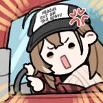  1girl anger_vein baseball_cap black_headwear brown_eyes brown_hair clipe crossed_bangs driving english_text flannel hat hololive hololive_english lowres motor_vehicle multicolored_hair nanashi_mumei plaid pointing rectangular_mouth red_shirt semi_truck shirt steering_wheel streaked_hair sweater truck virtual_youtuber white_sweater 