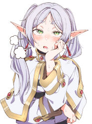  1girl blush capelet earrings eitopondo elf frieren green_eyes grey_hair highres jewelry long_hair open_mouth pointy_ears shirt simple_background solo sousou_no_frieren striped_clothes striped_shirt thick_eyebrows twintails white_background white_capelet 