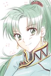  1girl artist_name breasts cf_wing china_dress chinese_clothes commentary_request dress earrings fire_emblem fire_emblem:_the_blazing_blade green_eyes green_hair hair_tie high_ponytail jewelry long_hair looking_at_viewer lyn_(fire_emblem) mandarin_collar medium_breasts ponytail shanghai_neckline simple_background smile solo white_background yellow_trim 