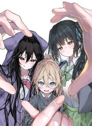  3girls animal_hood black_eyes black_hair blazer blonde_hair blue_eyes blue_streaks blush bow bowtie cat_hood collarbone collared_shirt commentary_request fang fingernails green_bow green_bowtie green_eyes green_skirt grey_jacket heart heart_hands heart_hands_trio highres hood hoodie jacket kararage_tsune looking_at_viewer loose_bowtie messy_hair multicolored_hair multiple_girls original pink_pupils pleated_skirt ponytail purple_hoodie red_bow red_bowtie shirt skirt smile streaked_hair tongue tongue_out twintails two-tone_hair white_background white_shirt 