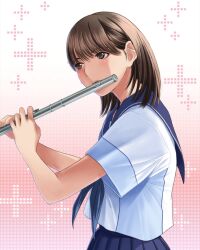  1girl anegasaki_nene blue_neckerchief blue_skirt blush brown_eyes brown_hair commentary_request flute from_side gradient_background hands_up highres holding holding_flute holding_instrument instrument looking_to_the_side love_plus medium_hair mole mole_under_eye neckerchief official_art pink_background playing_flute playing_instrument pleated_skirt plus_sign school_uniform serafuku short_sleeves skirt solo summer_uniform towano_high_school_uniform transverse_flute upper_body white_background 