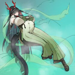  1girl arknights arknights:_endfield bare_shoulders black_footwear black_hair breasts closed_eyes dragon_horns dragon_tail flying from_above gradient_hair hand_on_own_cheek hand_on_own_face hand_on_own_stomach hand_up high-waist_pants highres holding_stomach horns in_water large_breasts leg_up long_hair lying pants parttimetoast pregnant tail tassel very_long_hair water zhuang_fangyi_(arknights) 