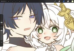  1boy 1girl art_program_in_frame black_bodysuit black_hair blonde_hair blunt_ends blush bodysuit bright_pupils colored_tips cross-shaped_pupils detached_sleeves eyeliner genshin_impact gradient_hair green_eyes green_hair hair_ornament hand_on_another's_shoulder heart heart_hair_ornament highres long_hair looking_at_viewer makeup mo_chi_a874 multicolored_hair nahida_(genshin_impact) open_mouth red_eyeliner scaramouche_(genshin_impact) side_ponytail sidelocks single_bare_shoulder squinting symbol-shaped_pupils tareme tsurime turtleneck turtleneck_bodysuit unfinished violet_eyes wanderer_(genshin_impact) white_background white_hair white_pupils white_sleeves wispy_bangs 
