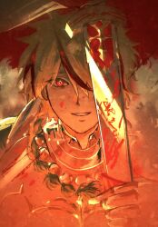  1boy ahoge armor blonde_hair blood blood_on_face braid braided_ponytail cape commentary_request drawing_sword fate/strange_fake fate_(series) highres holding holding_sword holding_weapon long_hair looking_at_viewer male_focus multicolored_hair open_mouth qqor6 red_eyes red_streaks richard_i_(fate) single_braid smile solo streaked_hair sword upper_body weapon 