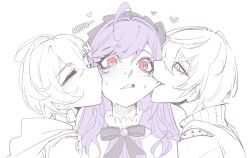  1boy 2girls ahoge belle_(zenless_zone_zero) biting biting_cheek black_bow black_bowtie blush bow bowtie boy_and_girl_sandwich closed_eyes double_cheek_kiss ecstasy fang hair_between_eyes hair_bow hair_ornament heart highres hood hood_down hoodie kiss kissing_cheek multiple_girls partially_colored portrait purple_hair red_eyes romaji_text sandwiched skin_fang sweat trips_to_phoebe vivian_banshee wise_(zenless_zone_zero) zenless_zone_zero 