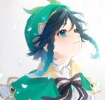  1boy absurdres androgynous aqua_eyes aqua_hair beret black_bow black_hair bow braid cape collared_shirt commentary_request feathers genshin_impact gradient_hair green_cape green_headwear hair_between_eyes hat highres looking_to_the_side looking_up male_focus multicolored_hair portrait profile shirt short_hair_with_long_locks side_braids smile solo twin_braids two-tone_hair unishuri venti_(genshin_impact) white_shirt 