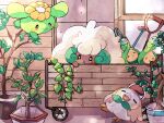  :o ^_^ animal_focus artist_name balcony branch budew closed_eyes colored_skin commentary_request dark_skin floating green_skin hanabusaoekaki highres leaf no_humans open_mouth plant poke_ball_print pokemon pokemon_(creature) potted_plant rowlet shovel skiploom sleeping solid_oval_eyes watering_can whimsicott window 